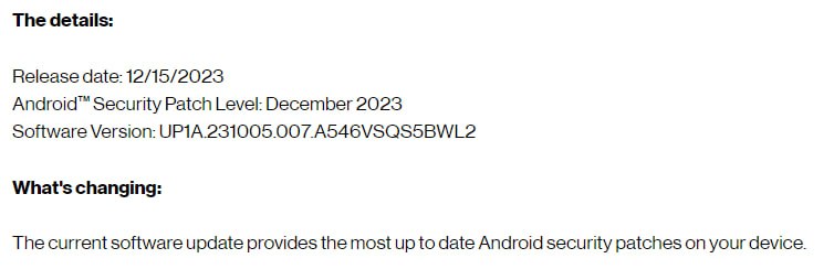 Samsung Galaxy A54 December 2023 update US