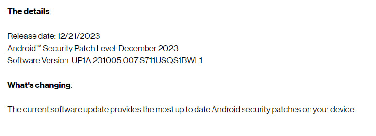 Samsung Galaxy S23 FE December 2023 update verizon