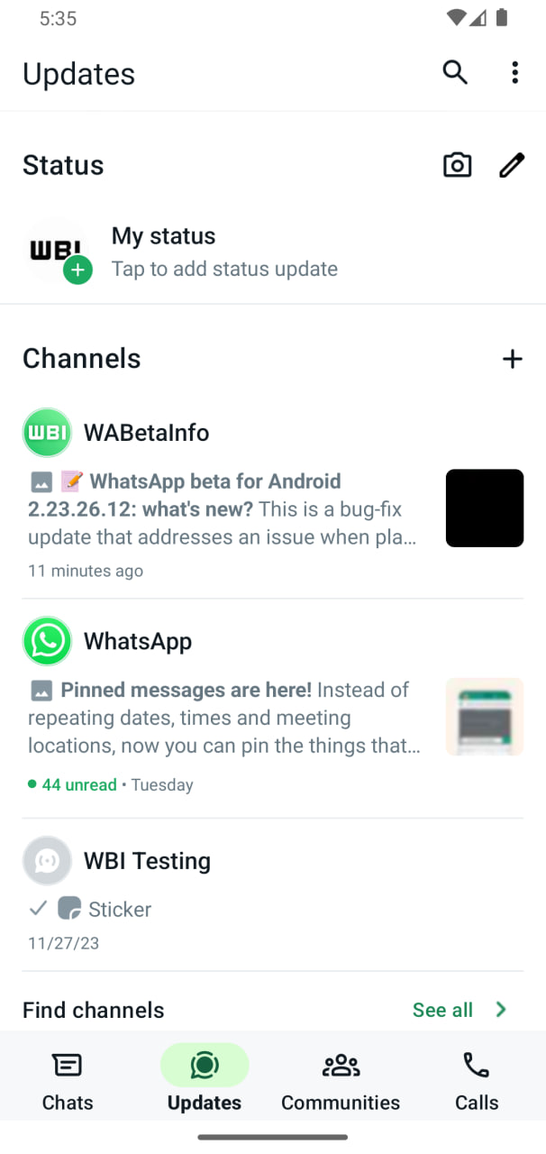 WhatsApp status updates header layout