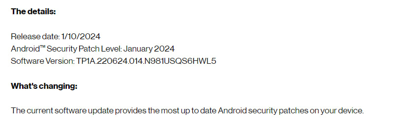 Galaxy Note 20 January 2024 update Verizon