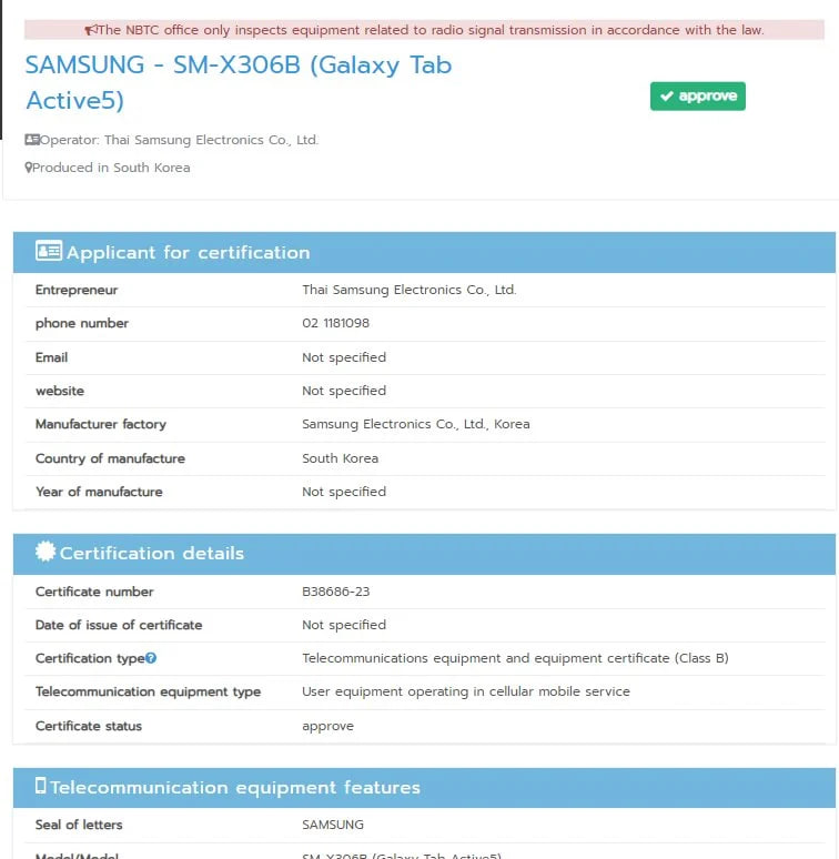 Samsung Galaxy Tab Active 5 NBTC certification